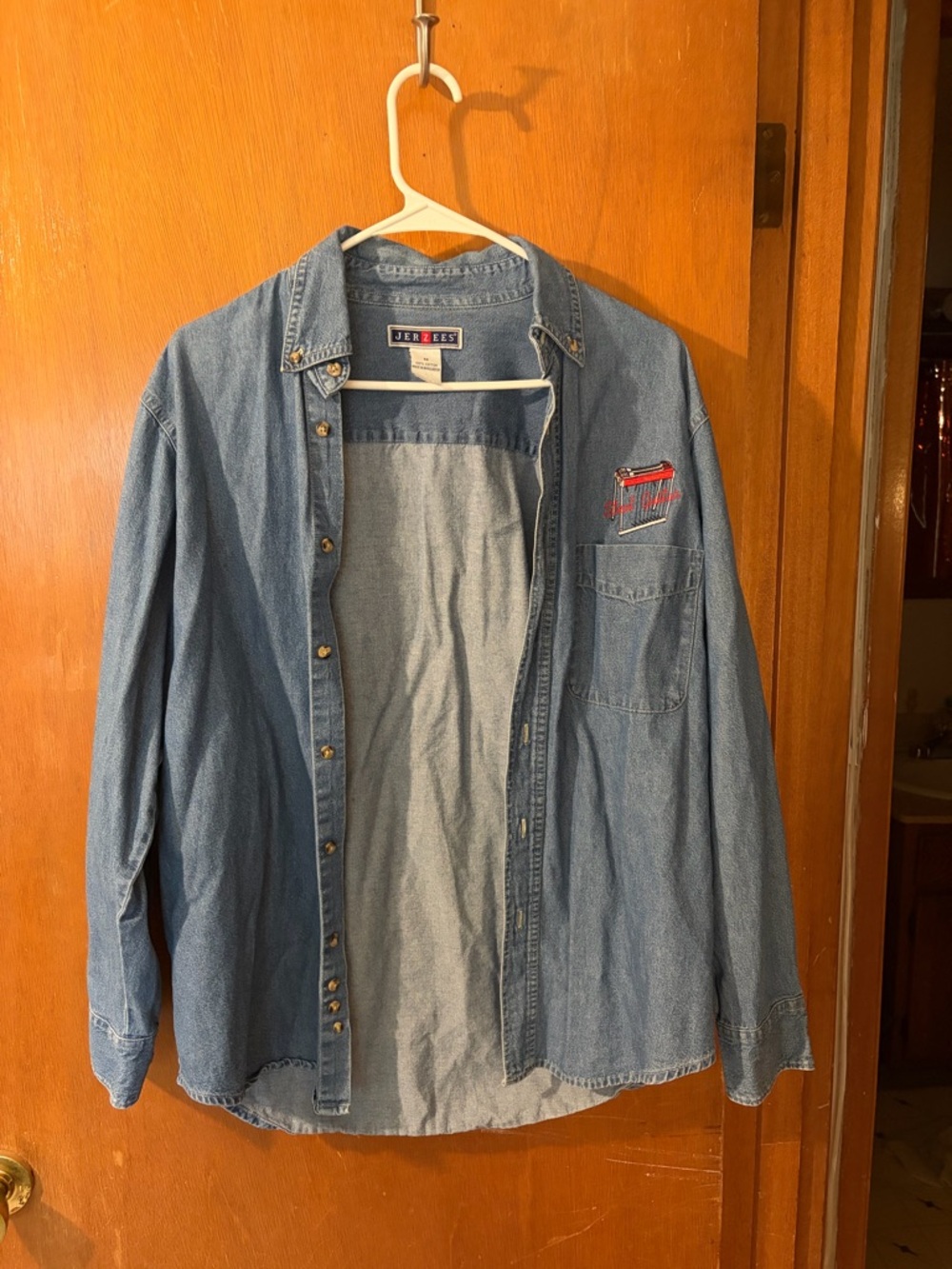 Jerzees Light Blue Denim Shirt with Navy & Red Logo Patch